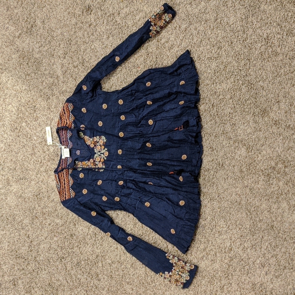 Max Studios | Boho Chic Navy Hippie Long Sleeve Embroidered Flower Blouse Top XS